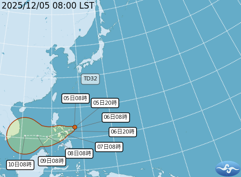上午8時在菲律賓附近海面的「熱帶性低氣壓TD32」生成。 圖：取自氣象署