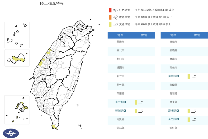 東北風偏強，6日晨至7日下午台中市、彰化縣、屏東縣、澎湖縣、金門縣局部地區有平均風6級以上或陣風8級以上發生的機率(黃色燈號)，請注意。 圖/氣象署