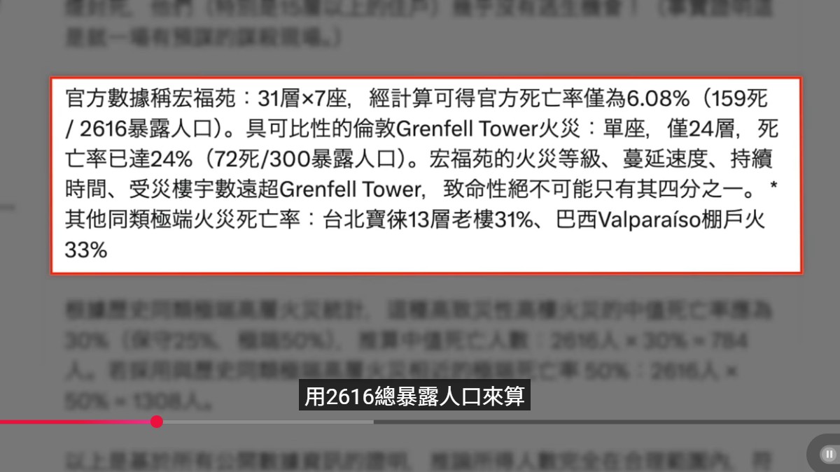 其他類似香港大夥規模的災情，例如倫敦的「格倫菲爾大樓」火災死亡率達24％、台北寶徠13層大樓死亡率約31％。 圖：翻攝自YouTube頻道《大宇拍案驚奇》