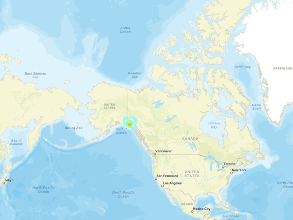 美國阿拉斯加州與加拿大育空地區交界附近一處偏遠地帶，6日發生規模7.0強烈地震。 圖/取自美國地質調查所網頁earthquake.usgs.gov