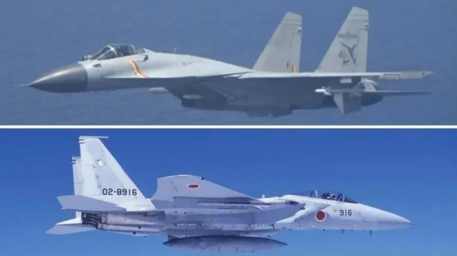 解放軍殲-15戰機在宮古海峽對日本自衛隊F-15J戰機進行雷達鎖定。 圖 : 翻攝自書劍雜談