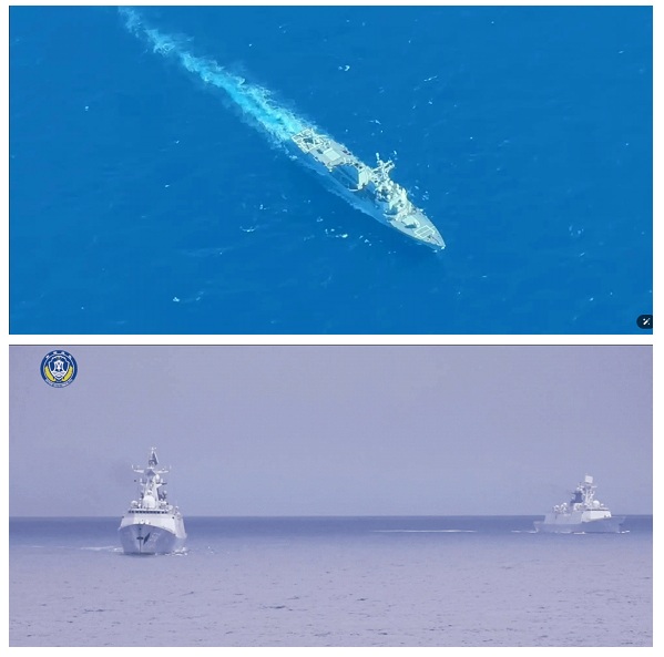 菲律賓海岸警衛隊6日在南海斯卡伯勒淺灘（中國稱黃岩島）海域巡邏時，意外目擊中國與美國海軍船隻「對峙」。上為美艦「拉斐爾·比拉達號（DDG 115）」；下為中國2艘054A飛彈護衛艦。 圖：翻攝菲律賓海岸警衛隊