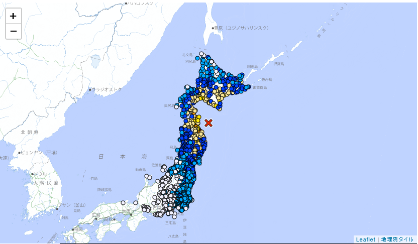 昨(8)晚日本青森外海發生規模7.6強震，青森縣三八上北地區震度6強，東北及北海道地區均有感。 圖：取自日本氣象廳