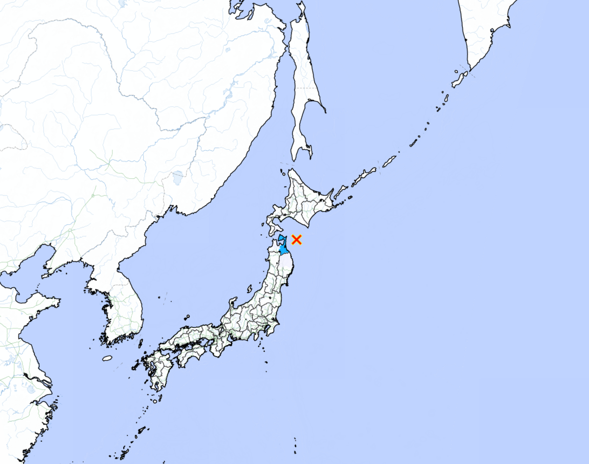日本青森縣東方外海昨晚11時15分發生規模7.6地震，截至今日上午9時，共有傷者30人、1棟房屋火災。 圖：取自日本氣象廳