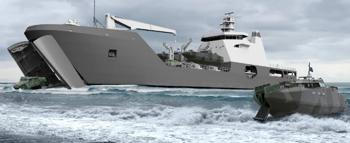 美國海軍選定荷蘭達門船廠（Damen）LST-100登陸坦克艦船型，作為全新中型登陸艦。圖為LST-100藝術渲染圖。 圖：荷蘭達門船廠官網