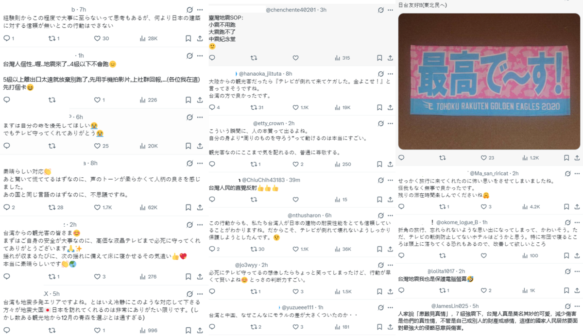 不少日本人對於台灣人在地震當下還可以錄影，護著旅館電視的情形相當感動，「真的非常謝謝你們」；另外也有網友表示，這是「台灣人民的直覺反射」。 圖：翻攝自網路