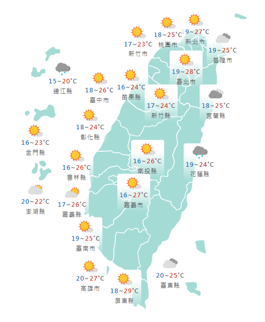氣象署公布各地天氣預報概況。 圖：氣象署提供
