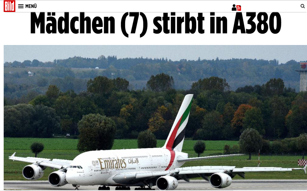 德國《圖片報》報導，1架阿聯酋航空編號EK49的班機飛往慕尼黑途中，1名7歲台灣女孩突然發高燒，搶救不及。 圖：翻攝德國《圖片報》