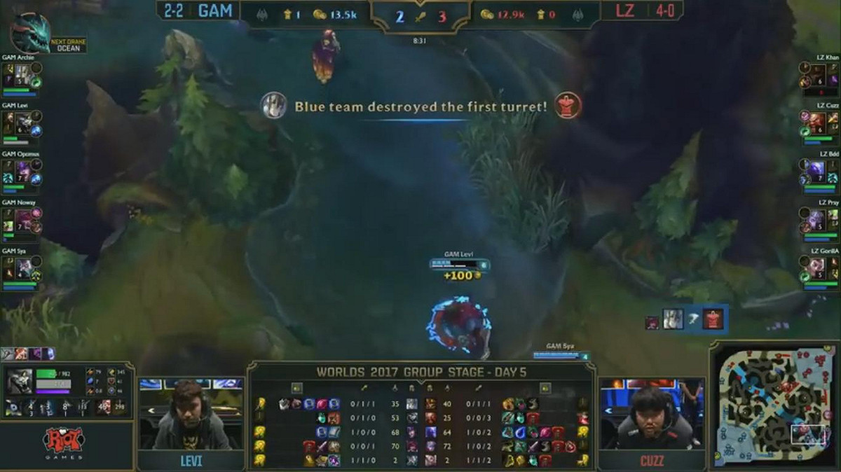 GAM率先拿到首塔。 圖：翻攝自 LoL Esports YouTube