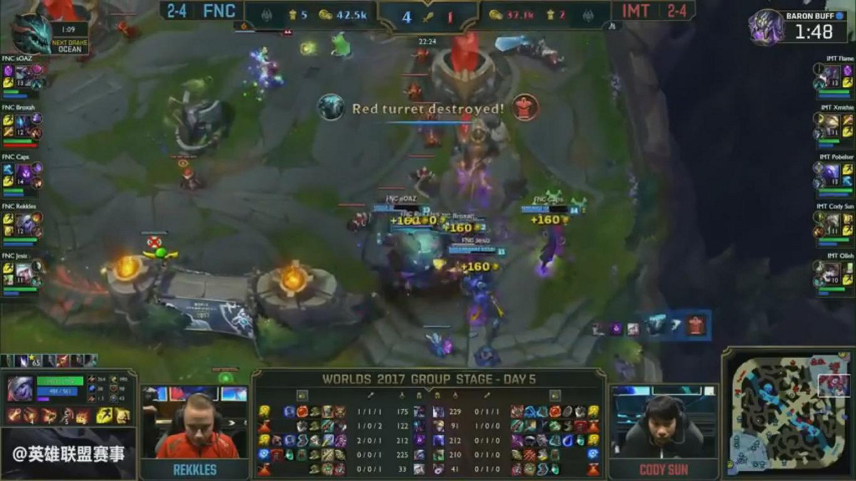 帶著巴龍Buff與小兵進逼的FNC 圖：翻攝自 LoL Esports YouTube