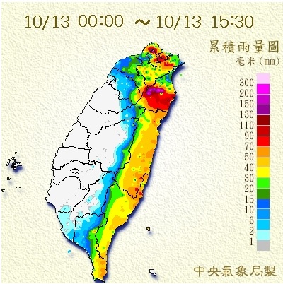 宜蘭部分山區今(13)日累計雨量突破150毫米。大同鄉土場累積雨量已達到497毫米，已超過大豪雨等級，近乎超大豪雨，梵梵觀測點雨量也累積近250毫米，累積雨量驚人。 圖：擷取自中央氣象局
