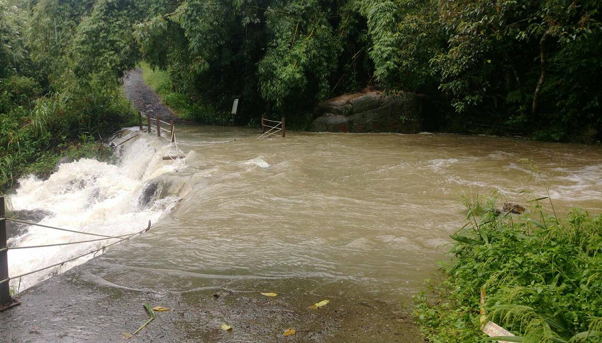 礁溪跑馬古道猴洞坑溪溪水暴漲，已超過路面且沖毀護欄，請遊客勿涉險進入。 圖：擷取自行政院林務局