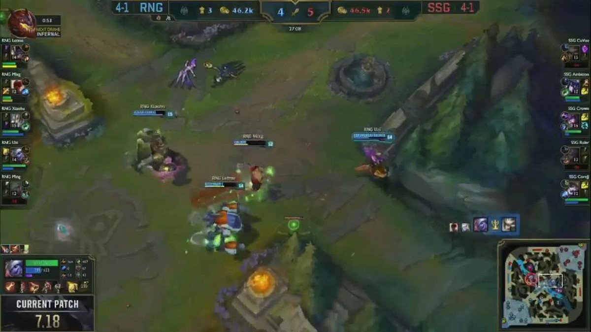 27分時RNG在中路打出一波1換2的團戰，並順利拆掉外塔。 圖：翻攝自 LoL Esports YouTube