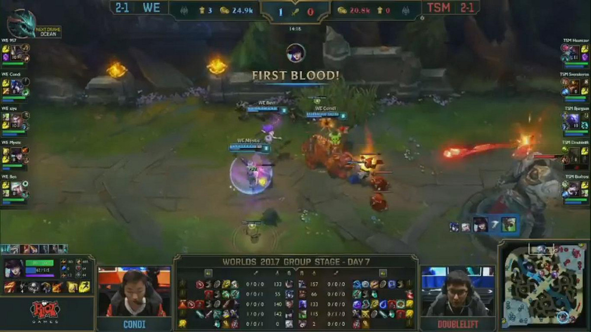 被首殺的Doublelift。 圖：翻攝自 LoL Esports YouTube