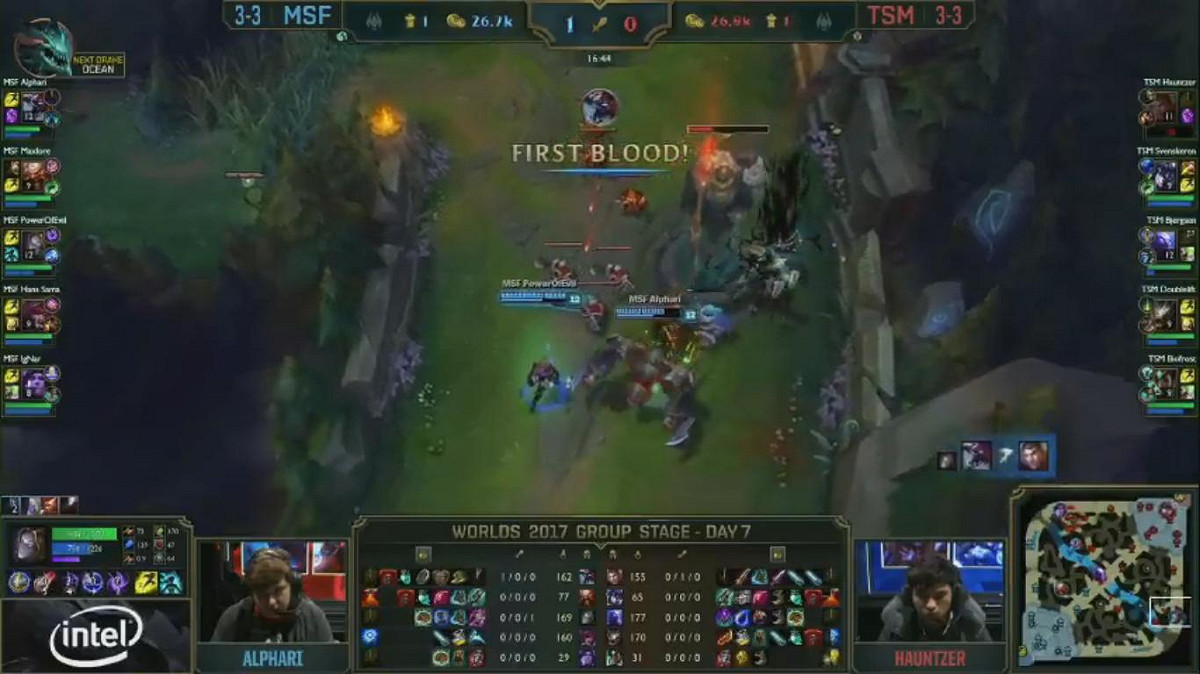 16分鐘時才出現的首殺，由MSF拿下。 圖：翻攝自 LoL Esports YouTube
