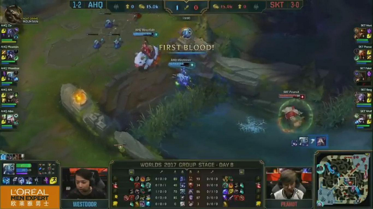 ahq中路Westdoor的飛斯成功抓下首殺。 圖：翻攝自 LoL Esports YouTube
