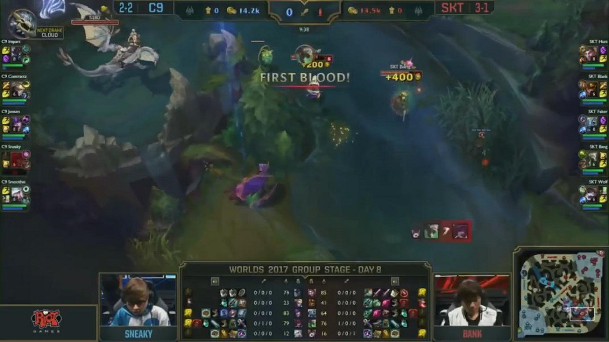 落單的Sneaky送出首殺。 圖：翻攝自 LoL Esports YouTube