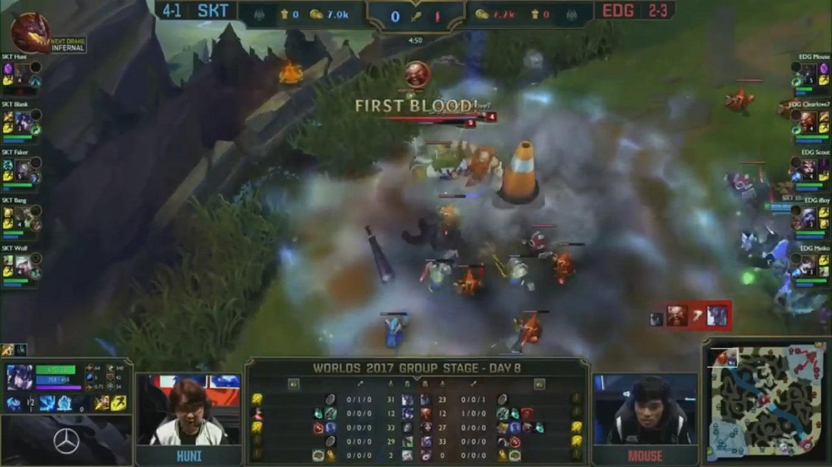EDG取得首殺。 圖：翻攝自 LoL Esports YouTube