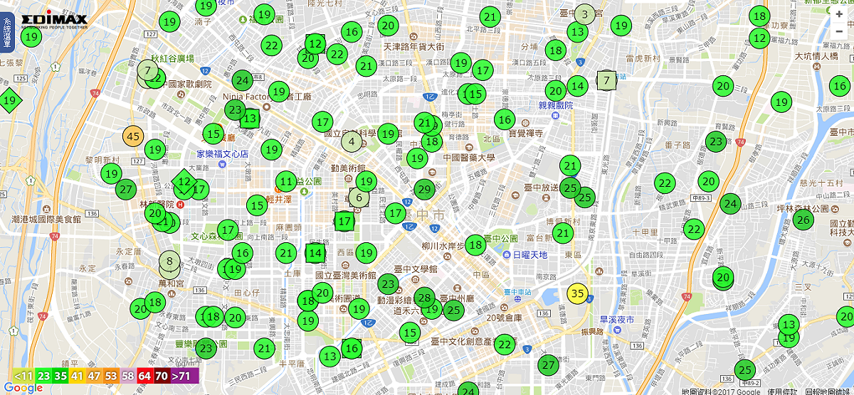 環保局表示，空氣盒子容易受到外部環境干擾，未經常校正也容易導致監測數據偏移。過去就曾發生鄰近地區的空氣盒子都呈現綠色，唯獨一、二個空氣盒子卻是紫色，最後才發現原來是空氣盒子故障，就是明顯的案例。 圖：翻攝自訊舟科技網站