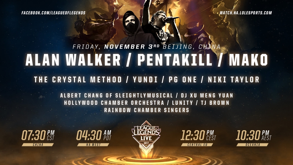 賽前音樂會表演者包含知名挪威天才DJ Alan Walker、新一代嘻哈男神PG One，還有與《英雄聯盟》多次合作的實力派女歌手Nicki Taylor！ 圖：翻攝自 英雄聯盟 官網