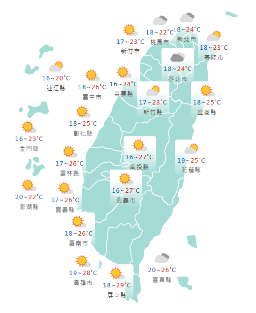 氣象署公布各地天氣預報概況。 圖：氣象署提供