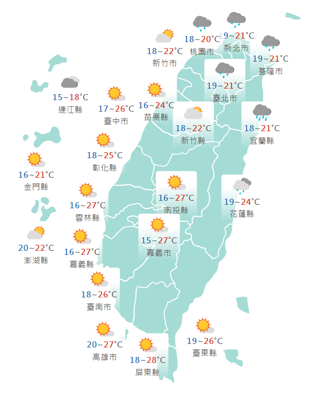 氣象署公布各地天氣預報概況。 圖：氣象署提供