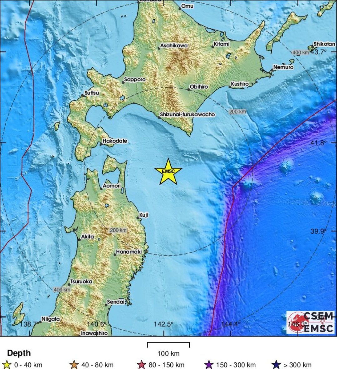 日本青森縣東海岸附近在今（12）日上午 11 時 44 分發生規模 6.7 強震，北海道、青森、岩手、宮城與秋田多地觀測到震度 4。 圖:翻攝自X帳號@ChynoNews