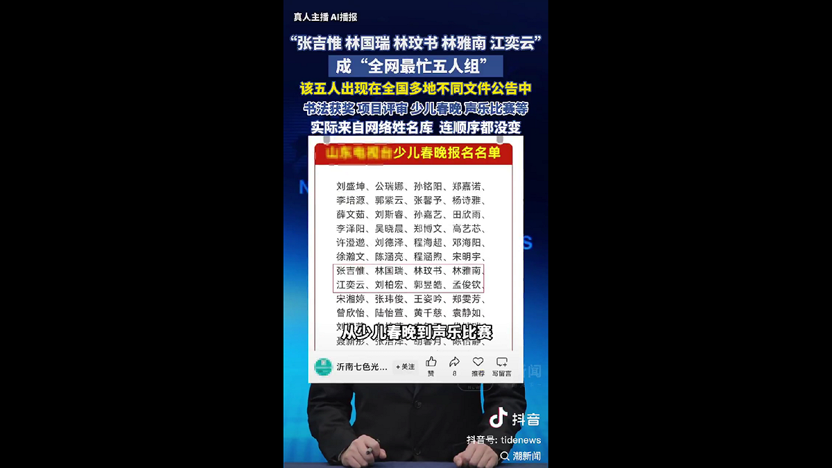 此外，網友在社群討論中調侃稱，張吉惟、林國瑞、林玟書、林雅南、江奕雲等五個姓名早已在各種公開資料、比賽獎項、公益活動中出現，源自網絡《10,000中國普通人名大全》，被多個虛假活動「共用」，形成一種網絡魔幻現象。 圖:翻攝自影片