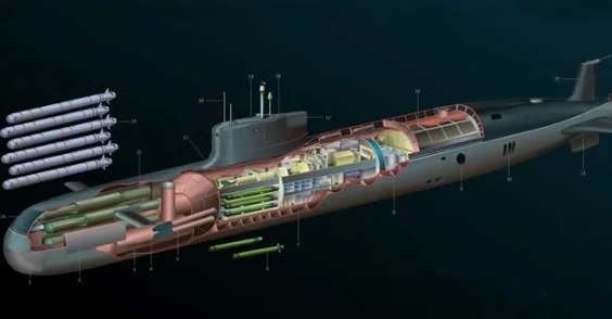 「哈巴羅夫斯克號」是專門用於發射「海神」核動力超級魚雷的核潛艦，最多可攜帶 6 枚「海神」。圖為「哈巴羅夫斯克號」外型設想圖。 圖：翻攝自 騰訊網 海事先鋒