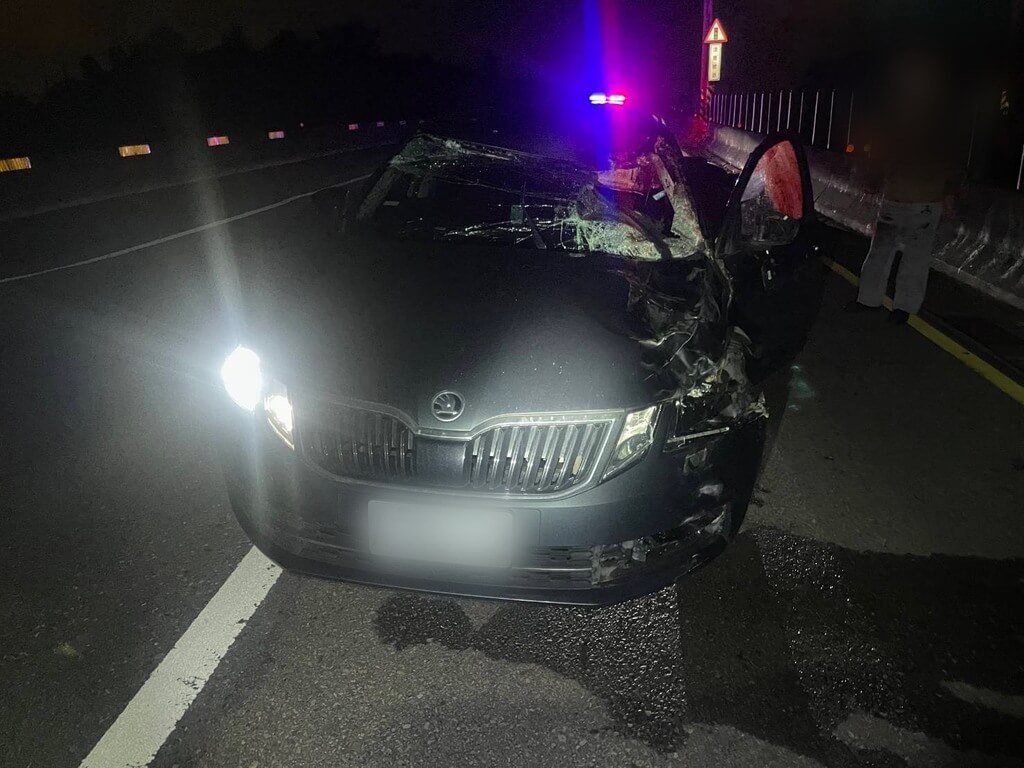 苗栗縣警察局表示，張男13日駕駛車輛沿台61線北上行駛行經98.6公里處（苗栗段），因閃避不及撞擊行走於快速道路上的馬匹，造成馬匹死亡，張男受傷無生命危險，將釐清肇事原因。（警方提供）中央社記者郭宣彣傳真 114年12月14日
