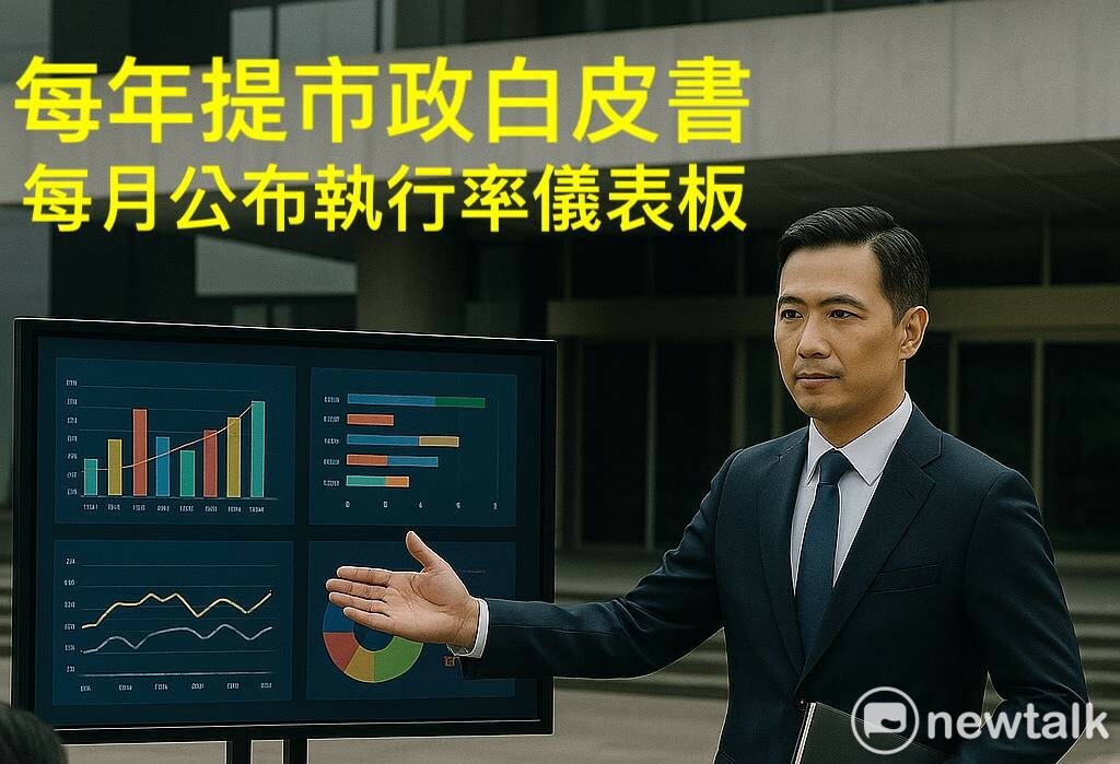 陳以信今日提出第卅六項政見表示，若當選將建立制度化的市政公開機制，每年提出「市政白皮書」，每月公布「市政執行率儀表板」，讓市民透過透明資訊即時掌握重大施政進度，強化市政問責與監督。 圖：陳以信服務處提供