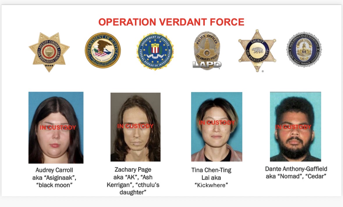 4 名「龜島解放陣線」破壞行動嫌疑人已被逮捕。 圖：翻攝自 X《F.A. United States Attorney Bill Essayli》