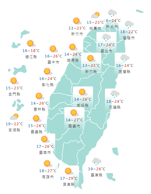 氣象署公布各地天氣預報概況。 圖：氣象署提供