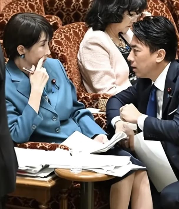 日本防衛大臣小泉進次郎(右)疑似單膝跪 地，和首相高市早苗討論國會質詢。 圖 : 影片截圖