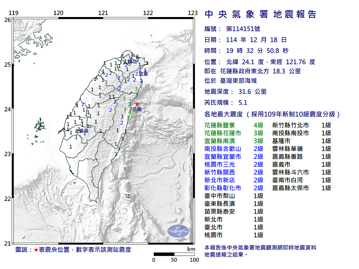 12/18-19:32臺灣東部海域發生規模5.1有感地震 圖：中央氣象署