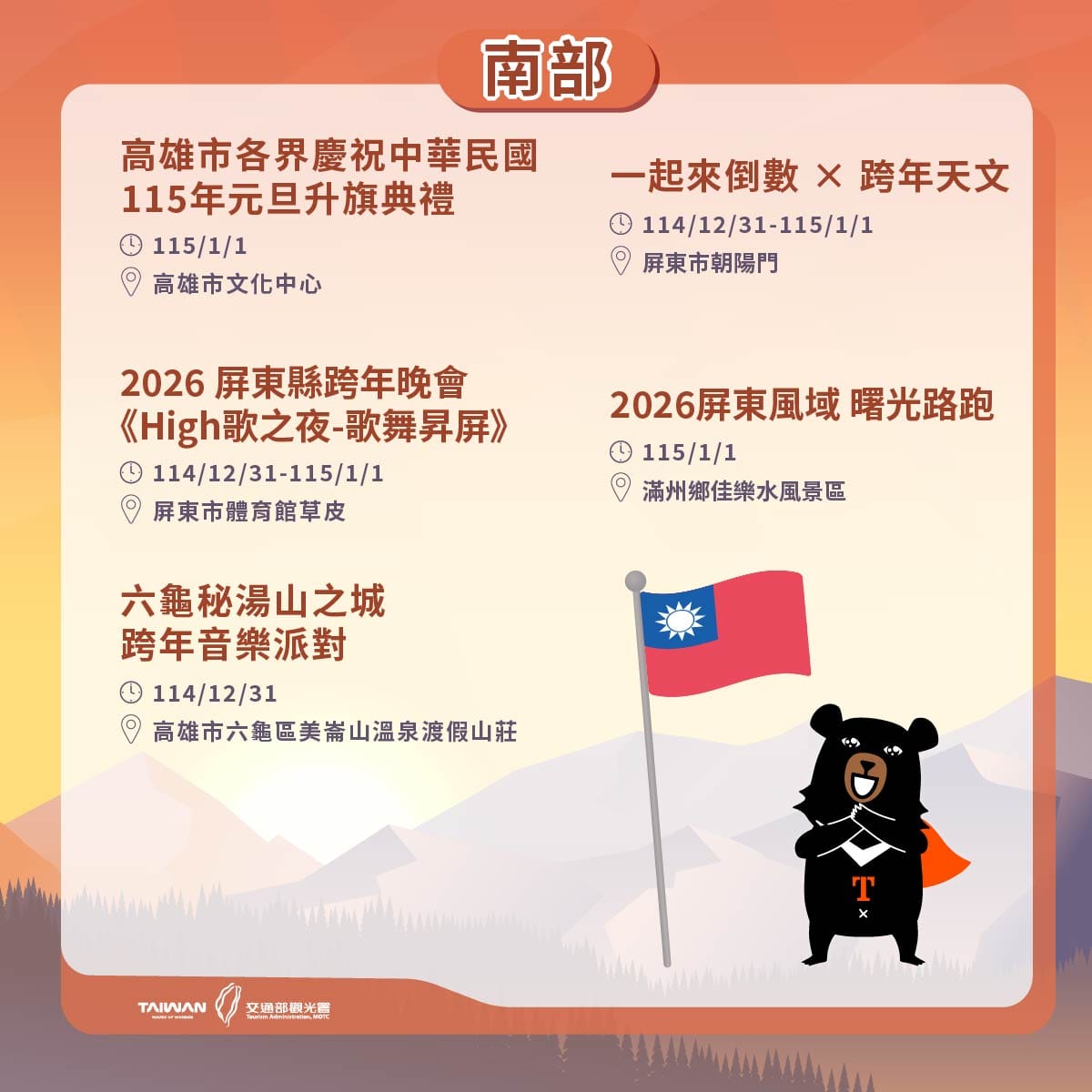 南部跨年活動一覽。 圖：交通部觀光署提供