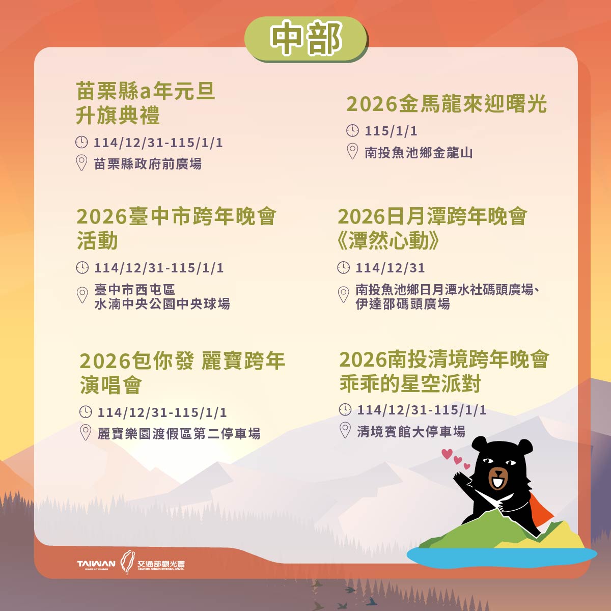 中部跨年活動一覽。 圖：交通部觀光署提供