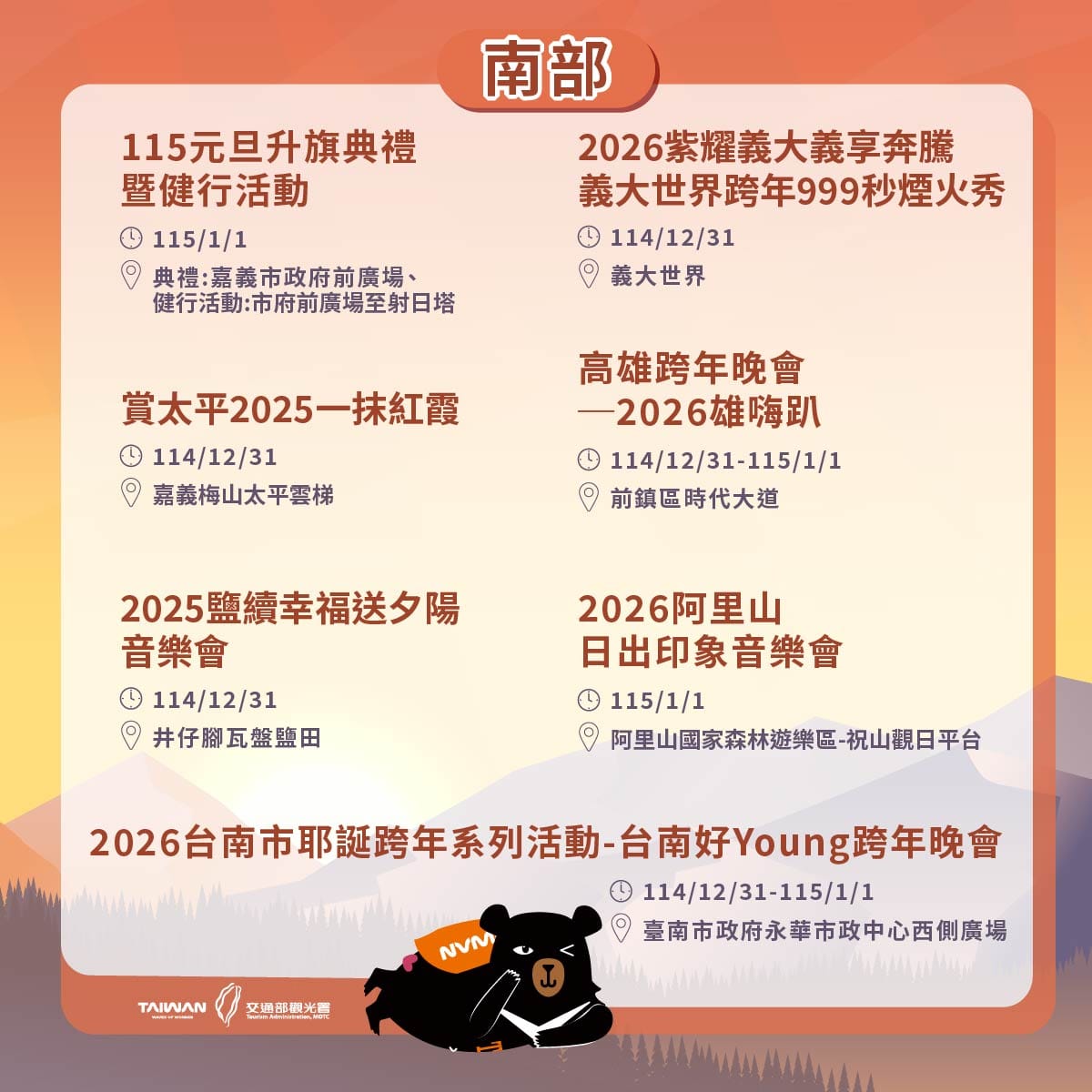 南部跨年活動一覽。 圖：交通部觀光署提供