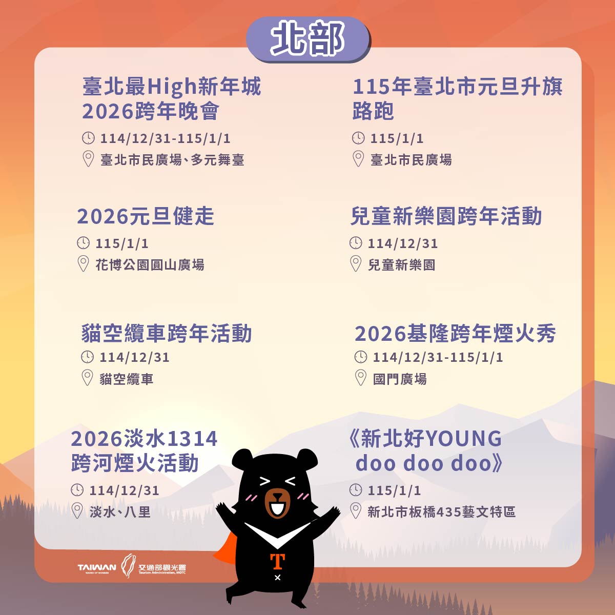 北部跨年活動一覽。 圖：交通部觀光署提供