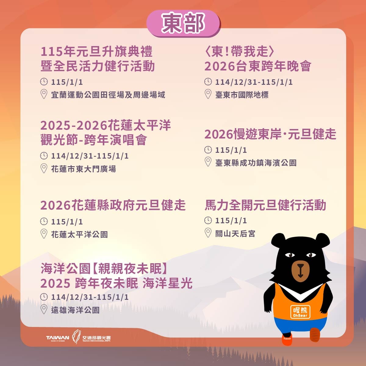 東部跨年活動一覽。 圖：交通部觀光署提供