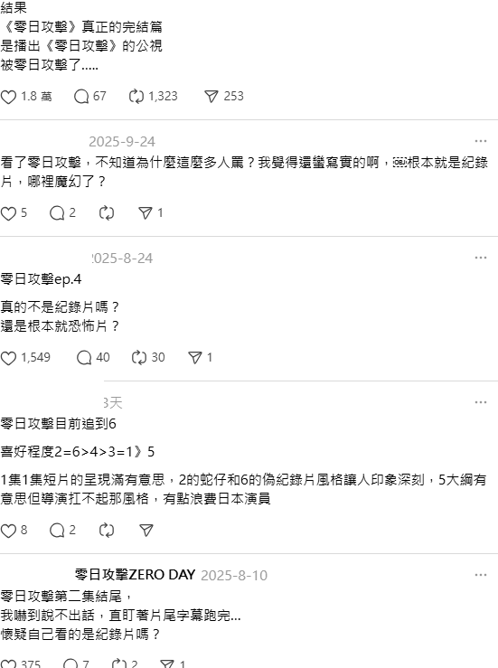 今年8月以台海戰爭為背景取材的台劇《零日攻擊》開播後就備受討論，不少人稱是「紀錄片」。 圖：翻攝自Threads