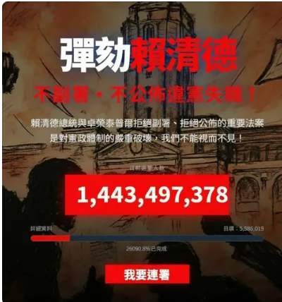 彈劾賴清德連署遭抓包，原始碼曝可手動設數字，還有網友貼出已有14人連署的照片，被許多網友被譏成科技笑話 圖：翻攝自網路