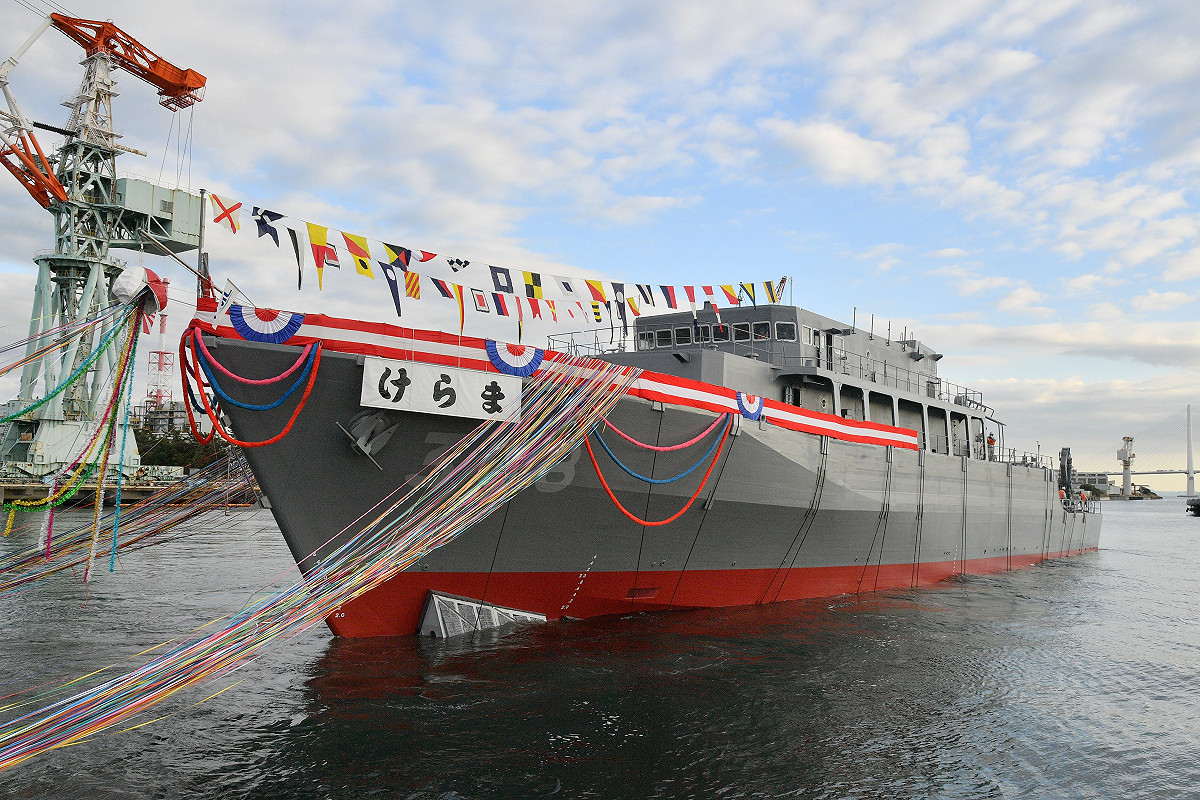 日本海上自衛隊第5艘「淡路級」掃雷艦「慶良間號（MSO-308）」18日舉行新艦命名、下水儀式。 圖：翻攝「X」@JMSDF_PAO