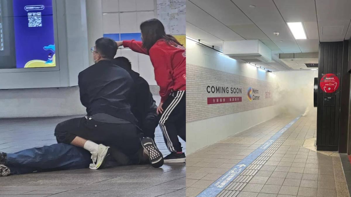 台北捷運台北車站M7出口傳出遭人投擲煙霧彈意外事件。左為遭波及民眾；右為北捷台北車站通往天成飯店出口濃煙畫面。 圖：翻攝網路