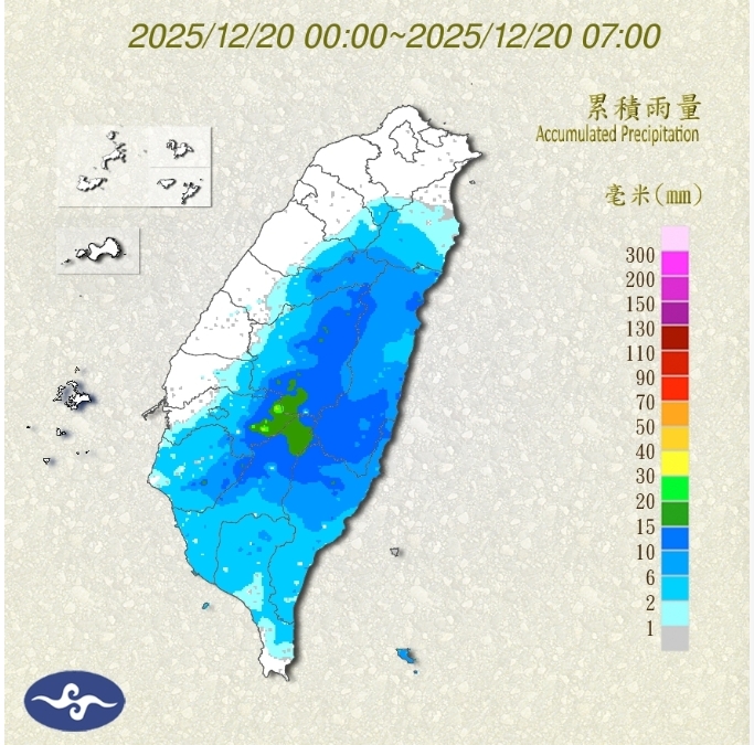 今天各地雖然雨勢不大，但降雨機率仍高，外出建議攜帶雨具備用。 圖/中央氣象署