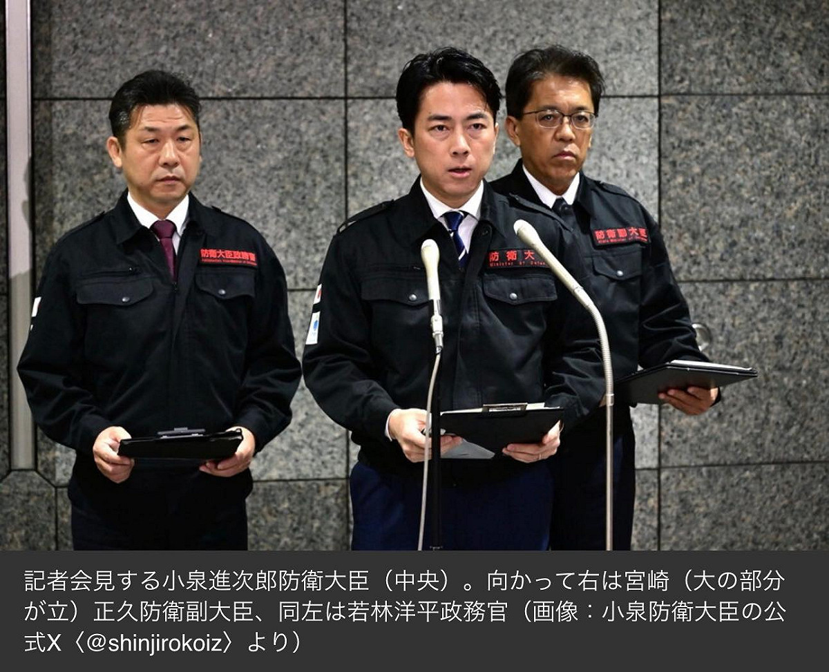 日本防衛大臣小泉進次郎19日在記者會被問及未來是否堅持「非核三原則」時回應：「為了保護國民的性命與和平的生活，我認為有必要在不排除任何選項的情況下議論。」 圖：翻攝矢板明夫臉書