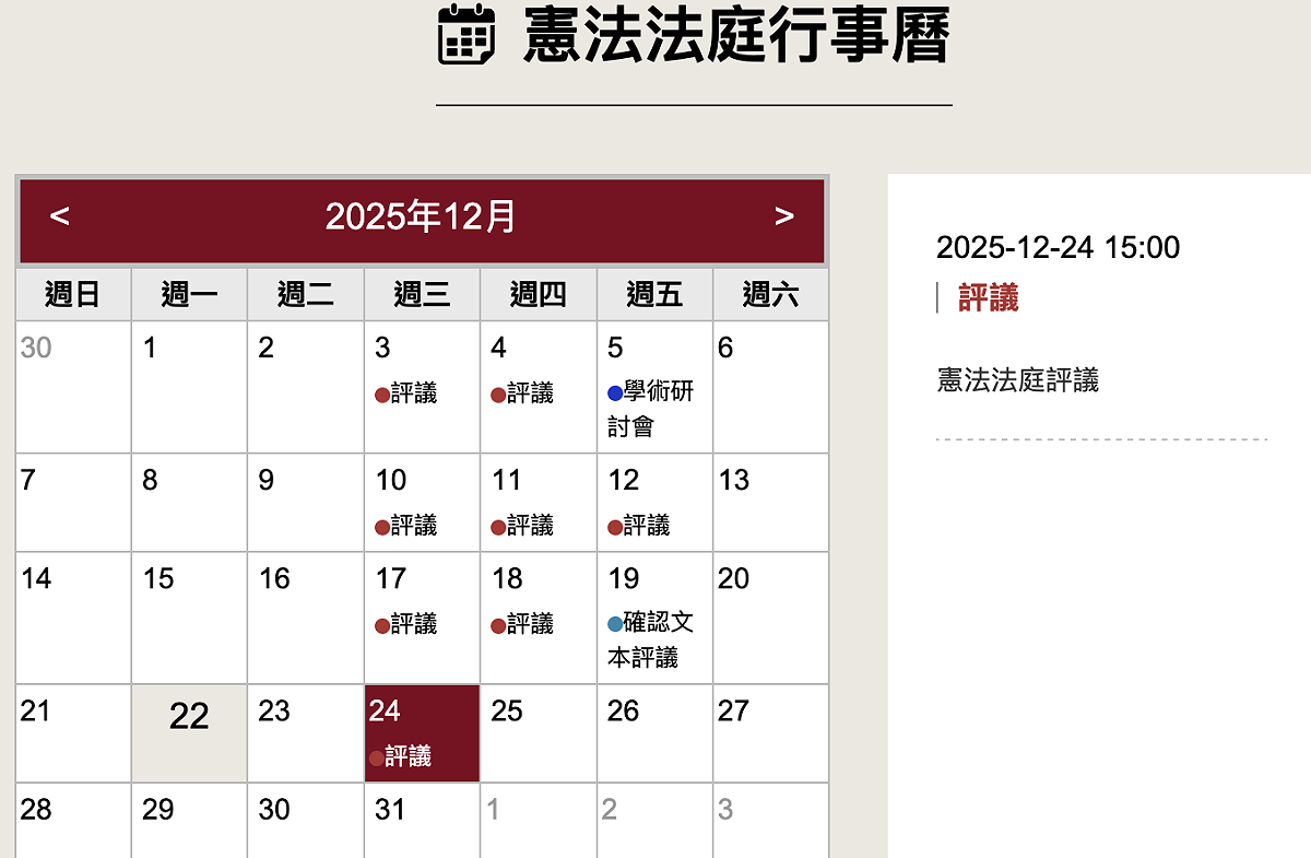 憲法法庭復活後已經開始排案評鑑 圖：翻拍自憲法法庭網站