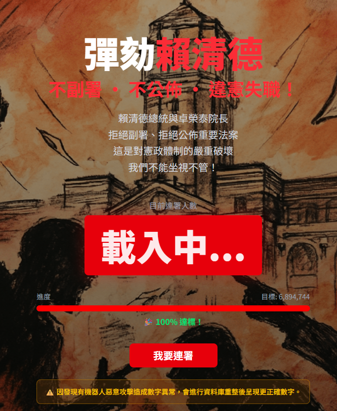 連署彈劾賴清德網站。 圖:翻攝自連署彈劾賴清德網站