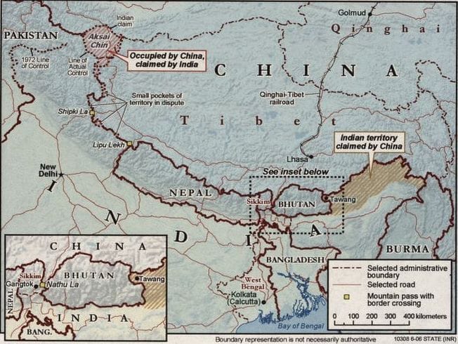 2020年印中邊境的血腥衝突造成雙方士兵傷亡，暴露了長達3540公里的爭議邊界線 圖：取自維基百科　by CIA  版權規定：Public Domain