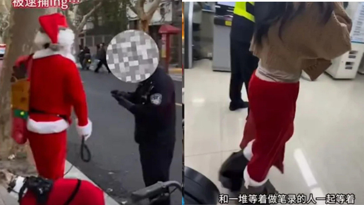 上海女子平安夜穿聖誕裝遭警盤查，至警局時發現局裡早已有許多被抓進來的「聖誕老人」，荒謬執法引發輿論譁然。 圖：翻攝自網路